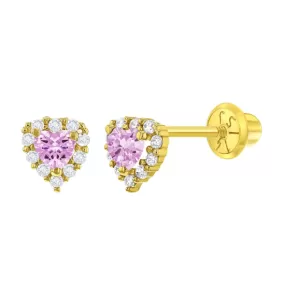 14k Gold Plated Pink AAA CZ Hearts Baby Children Screw Back Earrings