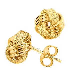 14k Gold Shiny And Textured Triple Row Love Knot Stud Earrings, 10mm