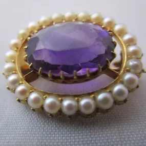 15K Gold Amethyst And Seed Pearl Brooch Pin Pendant Antique Edwardian c1910