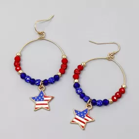 American Flag Star Beaded Hoop Dangle Earrings