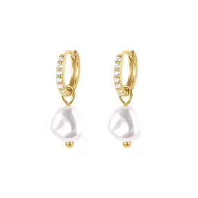 Baroque Style Huggie Hoop Earrings with Pearl Pendant