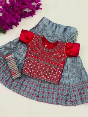 Beautiful Grey Color Satin Silk Lehenga Choli With Embroidery Work For Kids