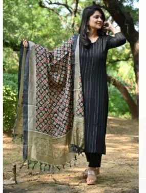 Black Khaadi Silk Straight Salwar Suit with Dupatta