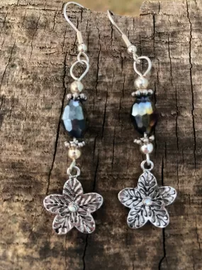 Flower Earrings with Black Iridescent Crystal