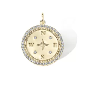 Gold Pave Diamond Compass Pendant with Diamond Inlay