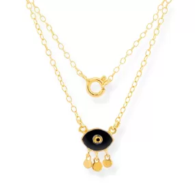 Handmade Short Gold Plated Silver Chain Necklace With Black Enamel Evil Eye