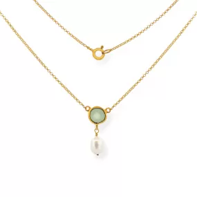 Handmade Short Gold Plated Silver Chain Necklace With Chalcedony & Pearl