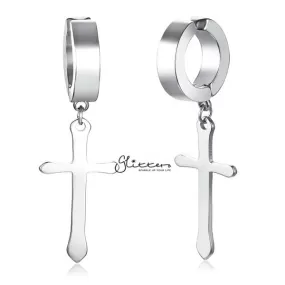 Non-Pierced Stainless Steel Clip On Cross Dangle Hoop Earrings - Silver