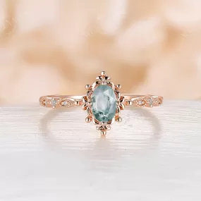 Oval Moss Agate Rose Gold Vintage Filigree Engagement Ring