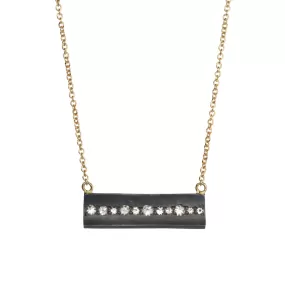 Oxidized Silver Horizontal Rectangular Diamond Necklace on Gold Chain