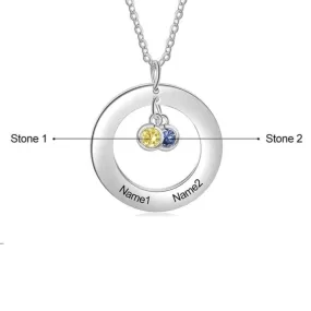 Personalized 2 Names And 2 Birthstones Stainless Steel Circle Necklace