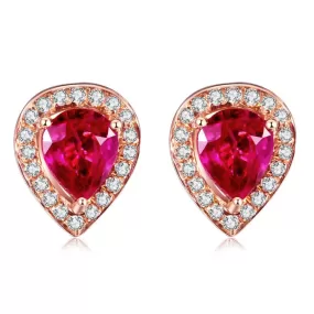 Rose Gold Color Ruby Red Water Drop Stud Earrings