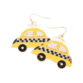 Seed Bead Embellished Enamel Taxi Dangle Earrings