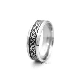 Stainless Steel Beveled Edge Band Ring with Stripe Pattern