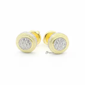 Sterling Silver C.Z Paved Two Tone Round Stud Earrings