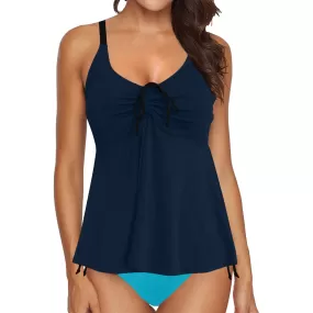 Two Tones of Blue Chest Drawstring Swim Dress