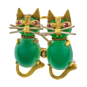 Vintage Chrysoprase & Pink Sapphire Cat Pin